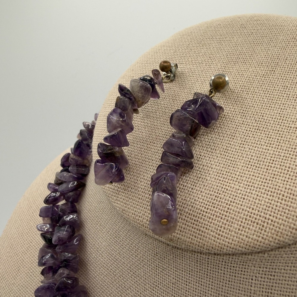 Vintage Long‎ Amethyst Gemstone Chip Endless Strand Necklace & Earrings Set